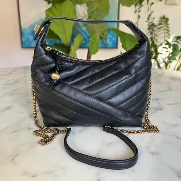 Tory Burch Kira Chevron Crescent Bag Black Quilted Leather Gold Chain Crossbody